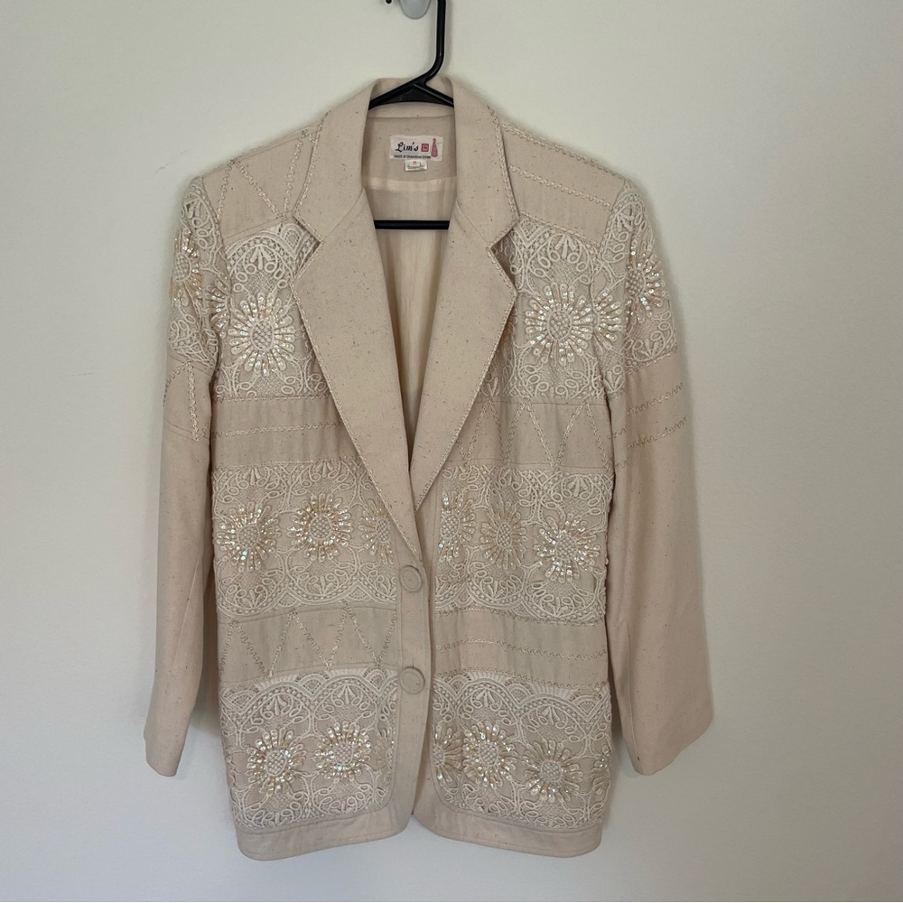 Vintage Lim’s Oatmeal Cream Silk Beaded Lace Embroidered Oversize Blazer